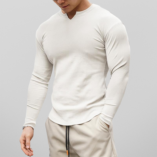 V-Neck Longline Ribbed Tees Shirts Long Sleeve Gym Workout Athletic Menswear Tops