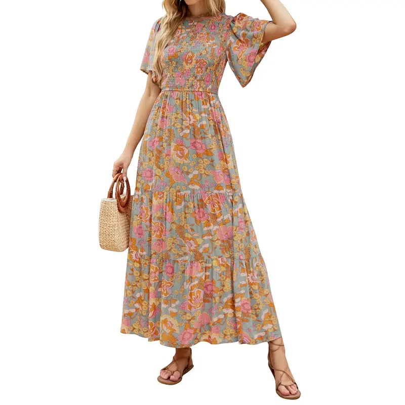 ⏰Hot Sale 49% Off👗Women's Casual Floral Print Short Flutter Sleeve Smocked High Waist Flowy Maxi Dress