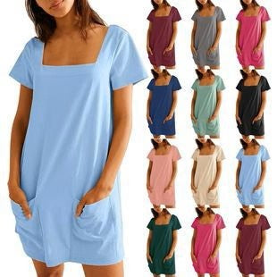 💕Last Day Promotion 64% OFF👗Women's Casual Square Neck Pocket Short Sleeve Dress with Pockets