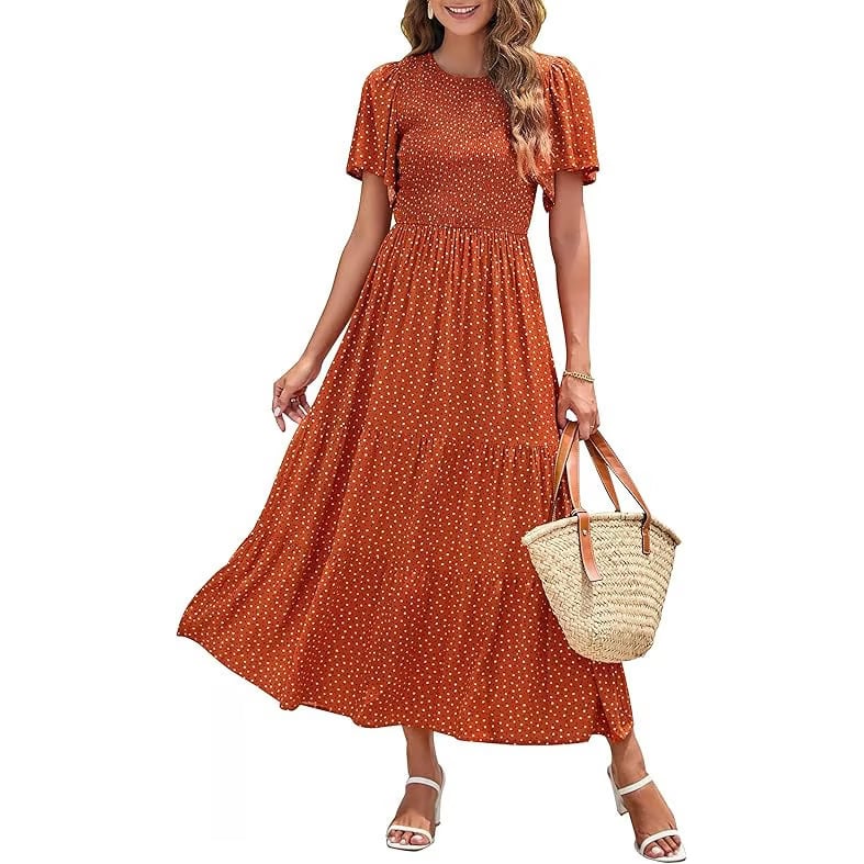 ⏰Hot Sale 49% Off👗Women's Casual Floral Print Short Flutter Sleeve Smocked High Waist Flowy Maxi Dress