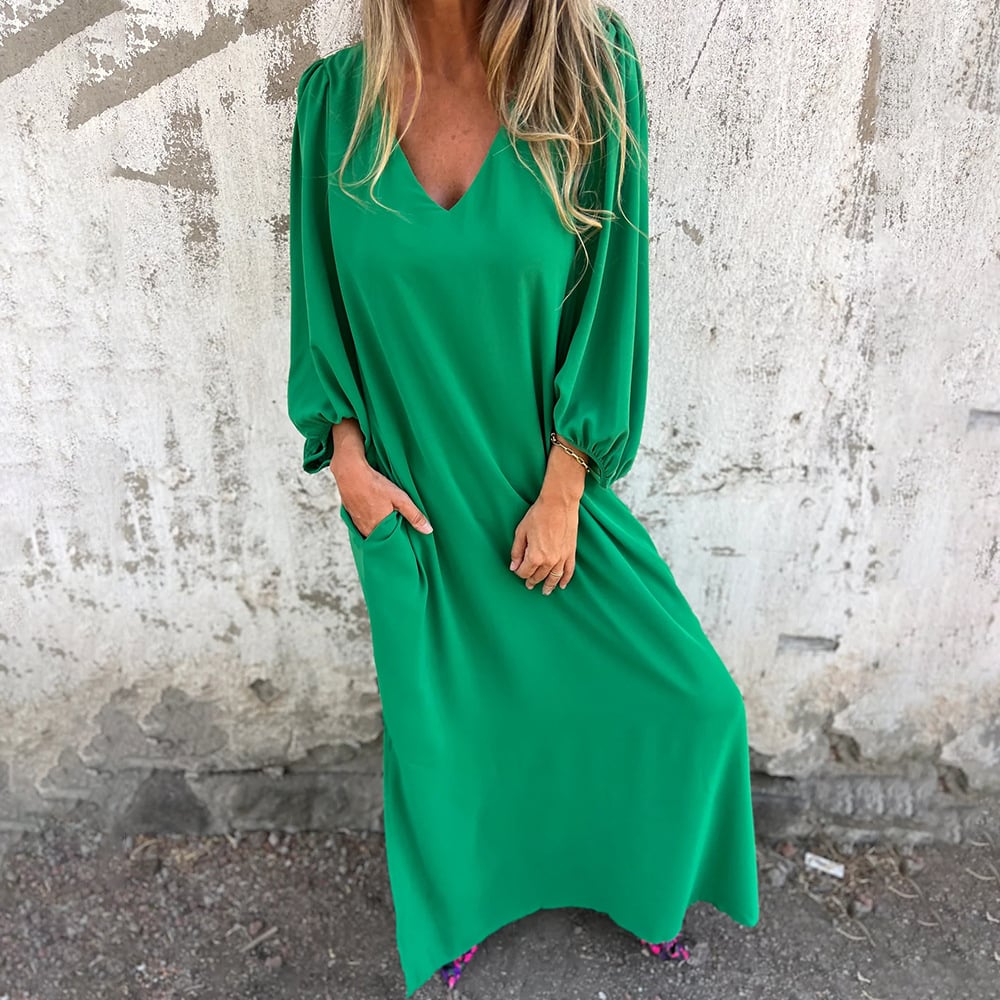 💃BIG SALE ONLY TODAY! - Loose V-neck solid color women's lantern sleeve dress