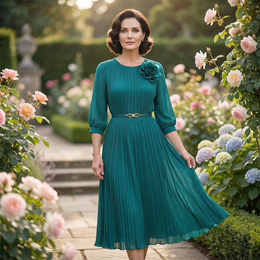 🔥🎁New arrival 50% OFF💥Women's 3/4 Sleeve Pleated Midi Dress with Belt