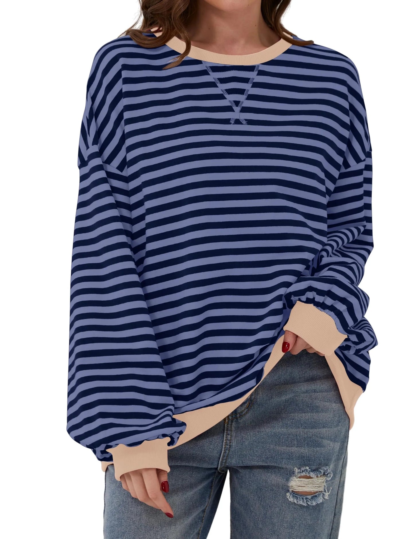 🔥Promotion 49% OFF😲-Women's Oversized Striped Long Sleeve Pullover (Buy 2 Free Shipping)