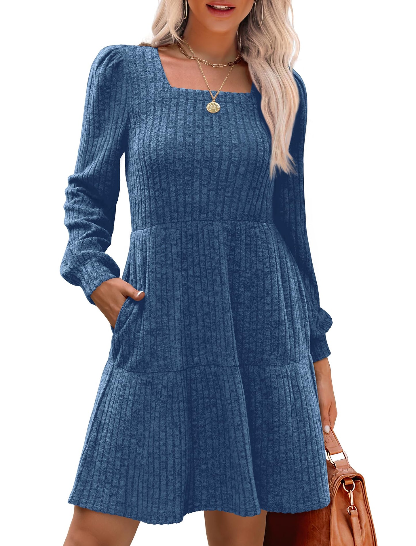 🍂2025 Autumn New Style 50% OFF⏰Women's Square Neck Lantern Sleeve Ribbed Dress