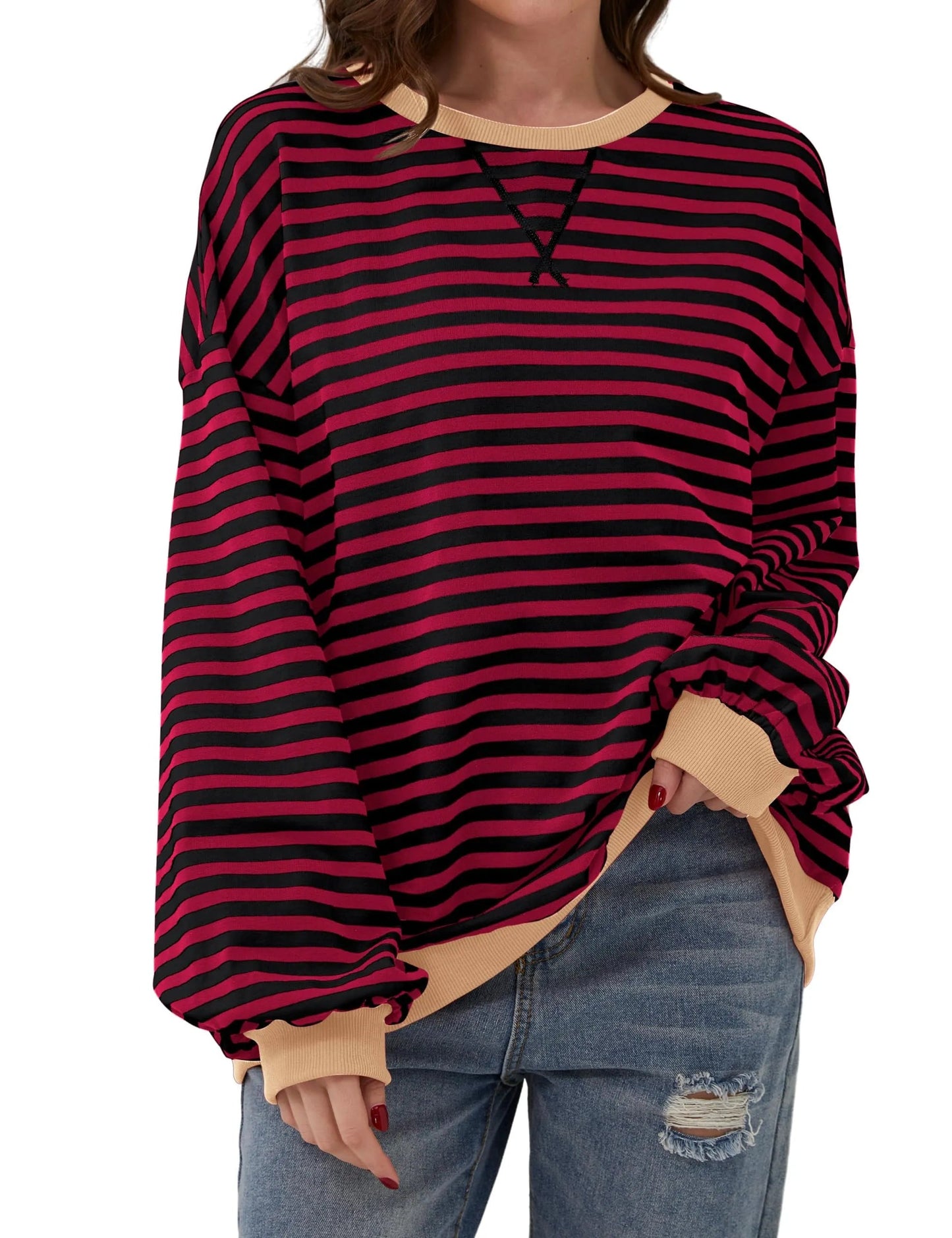 🔥Promotion 49% OFF😲-Women's Oversized Striped Long Sleeve Pullover (Buy 2 Free Shipping)