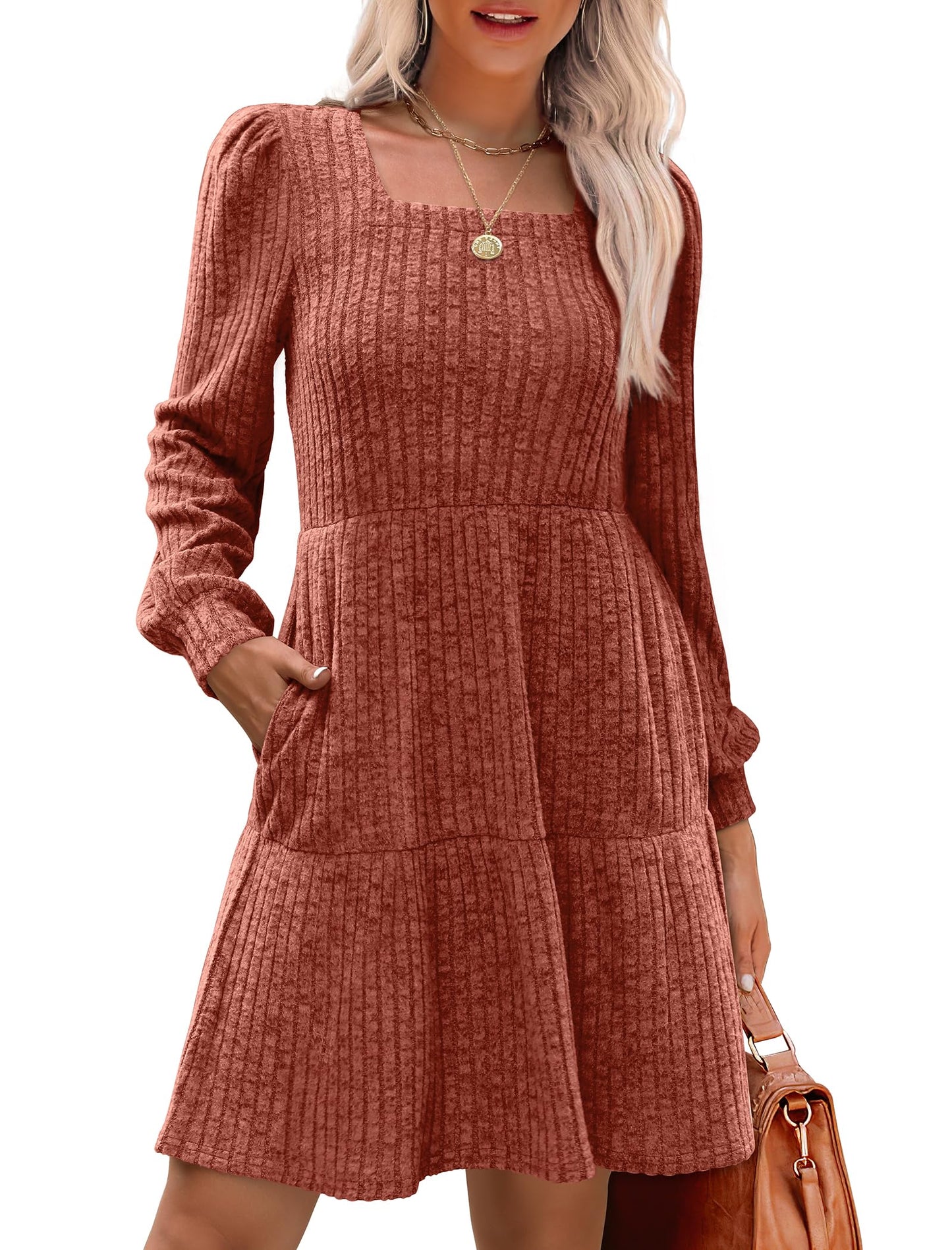 🍂2025 Autumn New Style 50% OFF⏰Women's Square Neck Lantern Sleeve Ribbed Dress