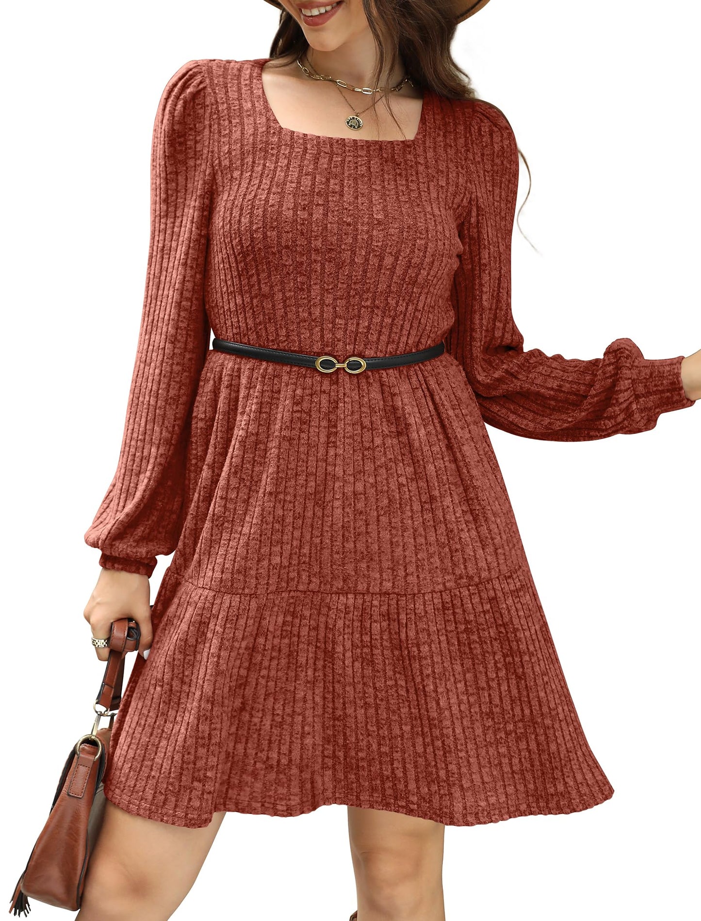 🍂2025 Autumn New Style 50% OFF⏰Women's Square Neck Lantern Sleeve Ribbed Dress