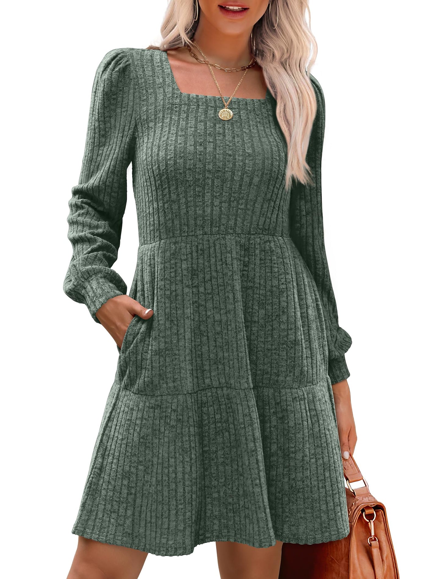 🍂2025 Autumn New Style 50% OFF⏰Women's Square Neck Lantern Sleeve Ribbed Dress