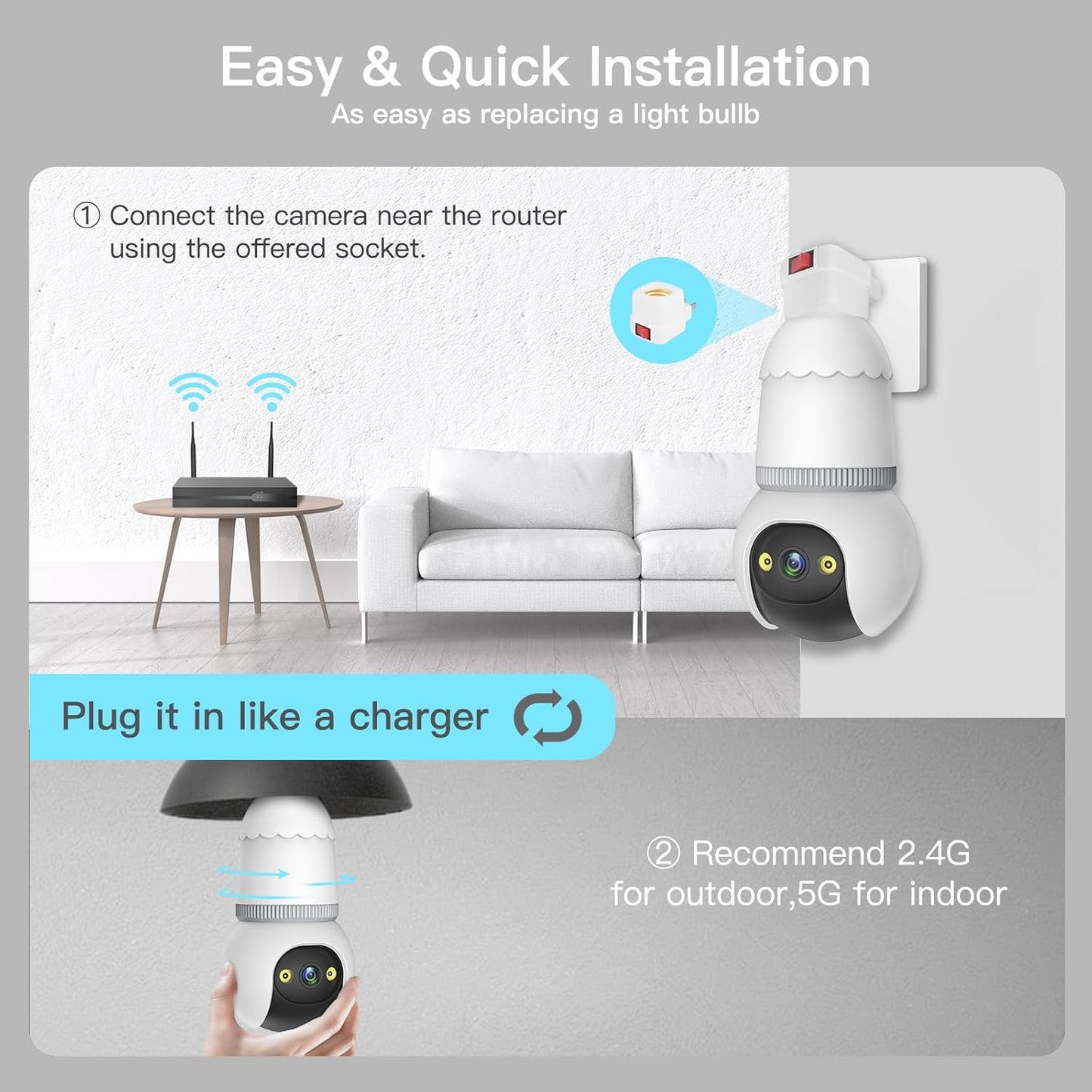 🔥Completely upgraded✨4MP Light Bulb Security Camera 5G&2.4GHz Wireless Outdoor Indoor Camera with Night Vision