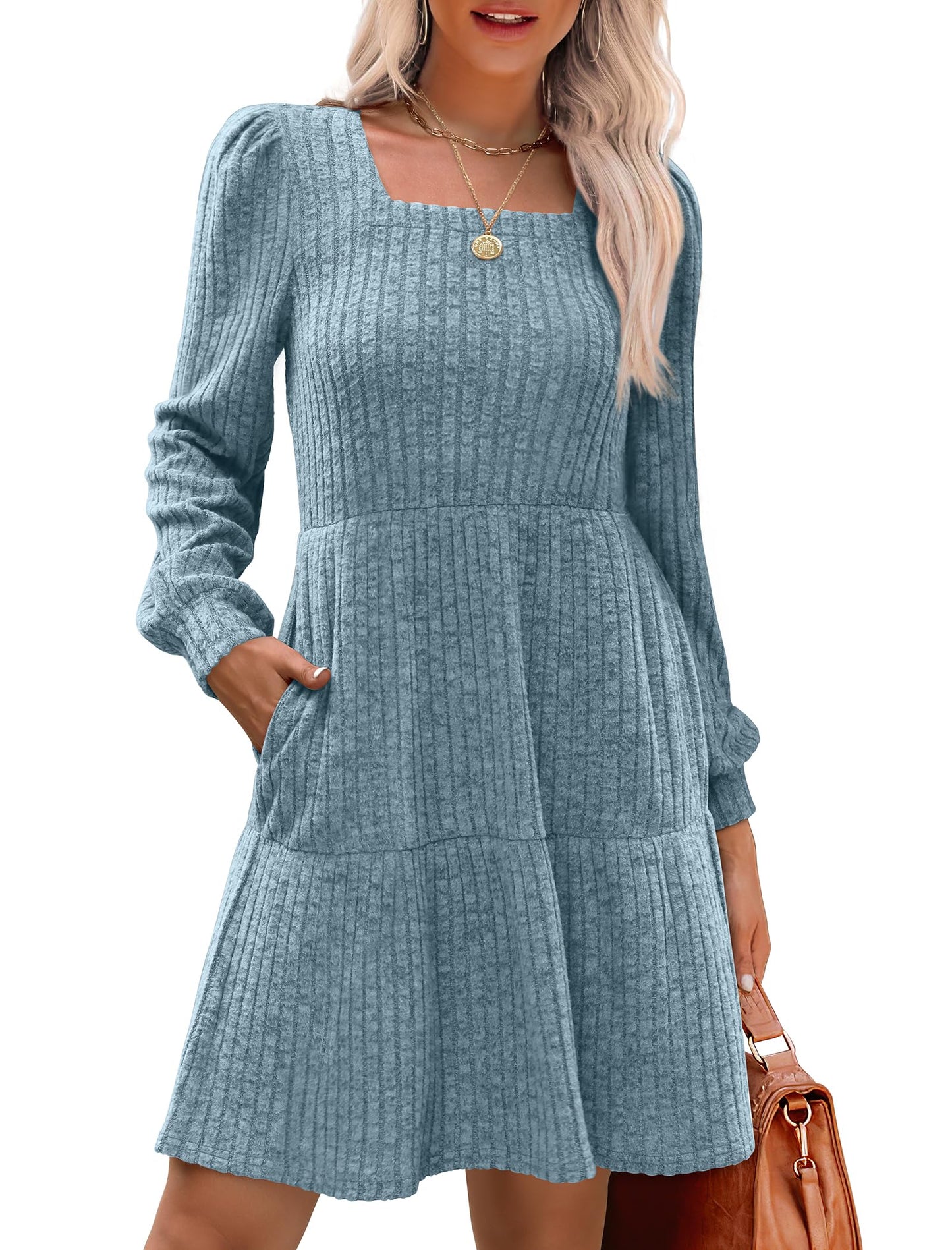 🍂2025 Autumn New Style 50% OFF⏰Women's Square Neck Lantern Sleeve Ribbed Dress