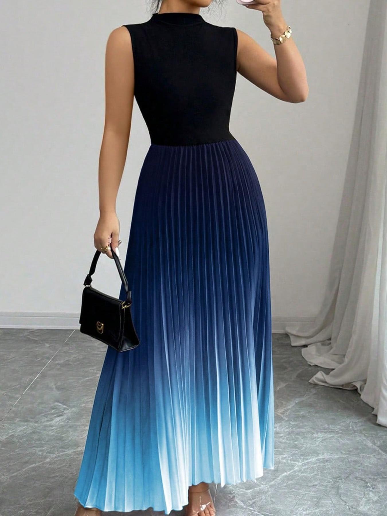 ⏳LAST DAY SALE 50% OFF💕 Ombre Pleated Sleeveless Mock Neck Maxi Dress