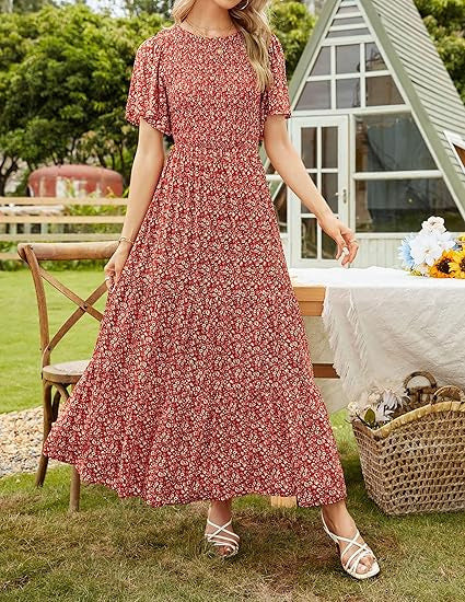 ⏰Hot Sale 49% Off👗Women's Casual Floral Print Short Flutter Sleeve Smocked High Waist Flowy Maxi Dress