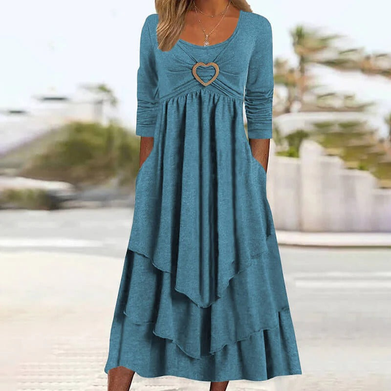 Bestseller🏆👗 Tiered Midi Dress with Heart Accent – Flattering A-Line & Breezy Fabric for Travel or Gatherings