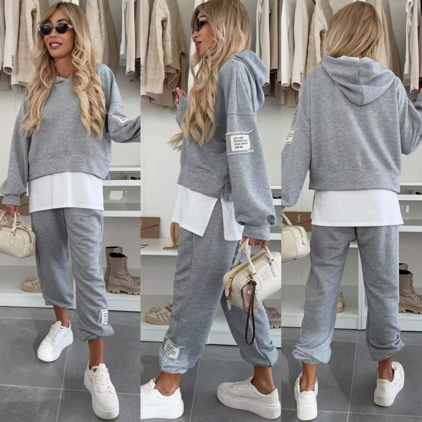 Women's Hooded Patchwork Casual Sweatshirt Suit1