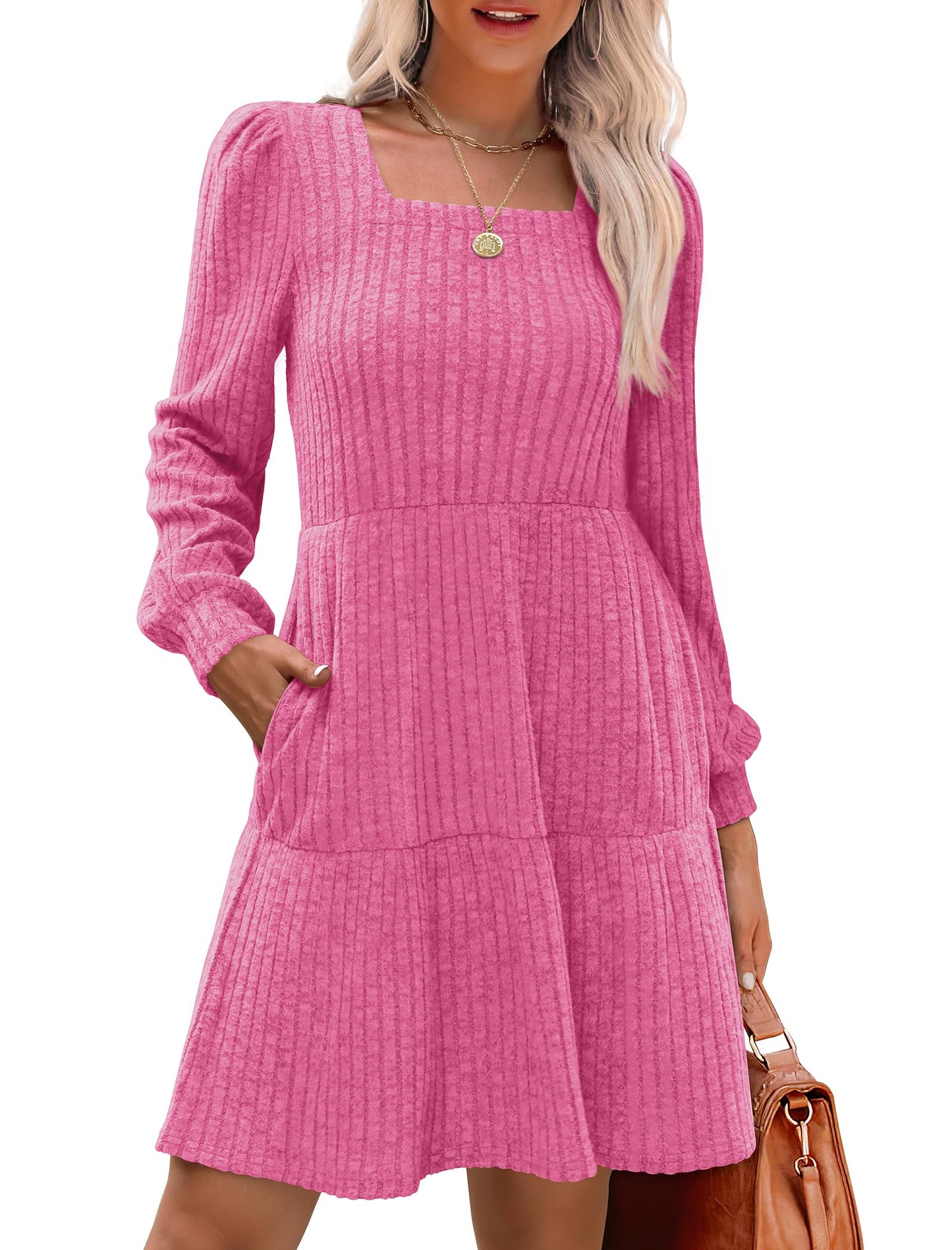 🍂2025 Autumn New Style 50% OFF⏰Women's Square Neck Lantern Sleeve Ribbed Dress