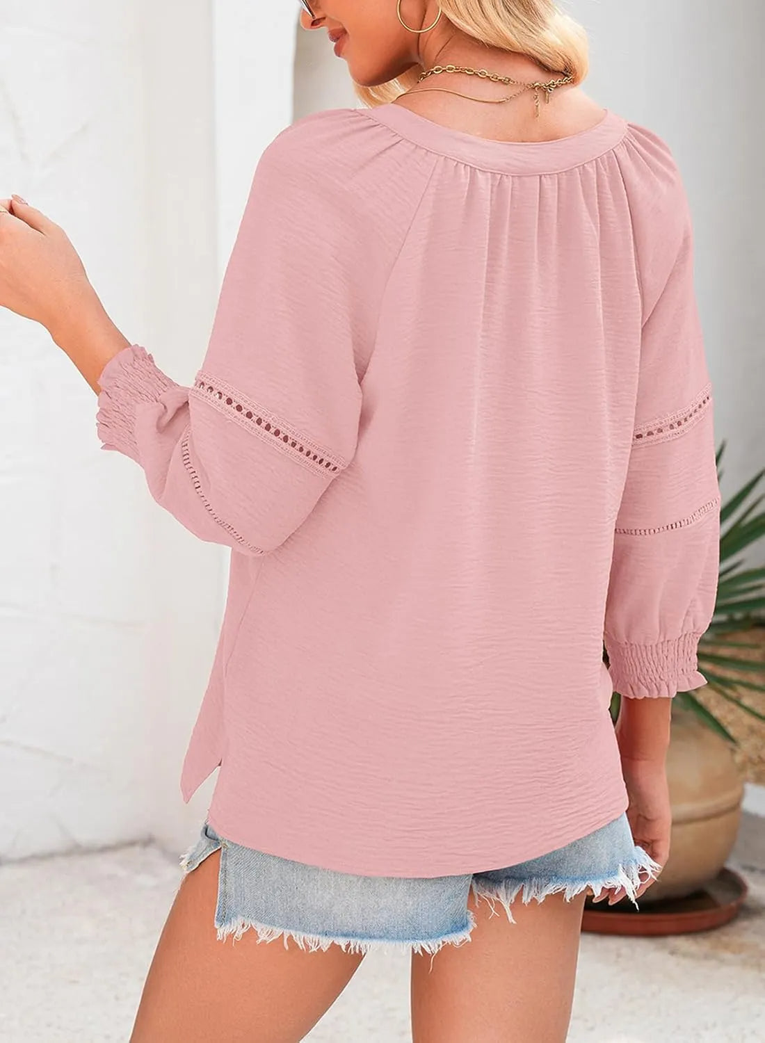 ⏰Limited time sale 50% Off!!🔥🔥Womens 3/4 Lantern Sleeve Casual V-Neck T-Shirts Pleated Loose Hollow-Out Blouse