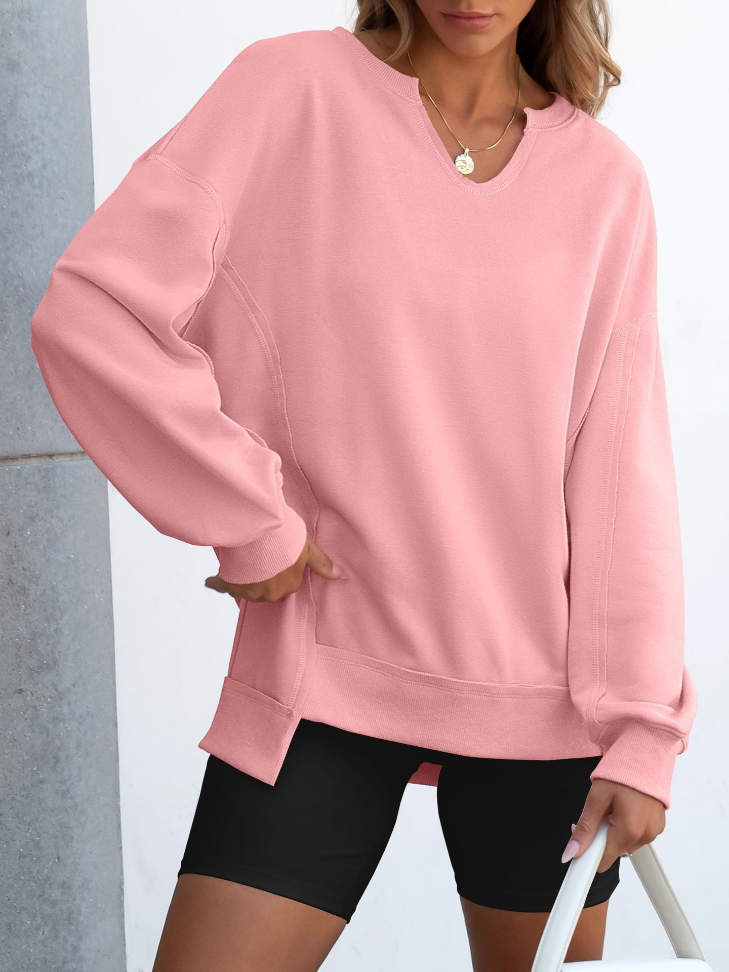 🔥Christmas Sale-Up to 50% Off🔥Womens Oversized Sweatshirt V Neck Long Sleeve Tunic Lightweight Pullover