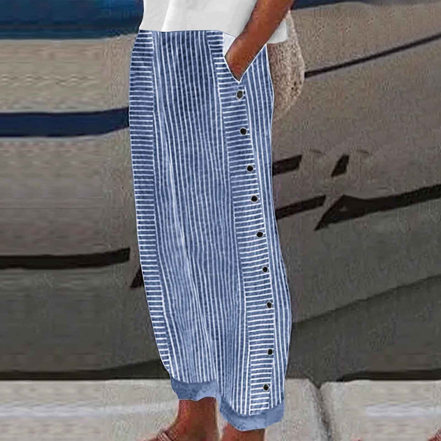 👖 -50% OFF SPRING SALE! ✨ Comfy Blue Striped Pants with Pockets: Breathable, Stylish & Perfect for Summer 🌿