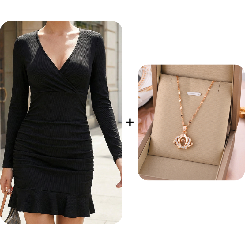 🔥Limited-time offer-Long Sleeve V-Neck Ruched Bodycon Mini Dress