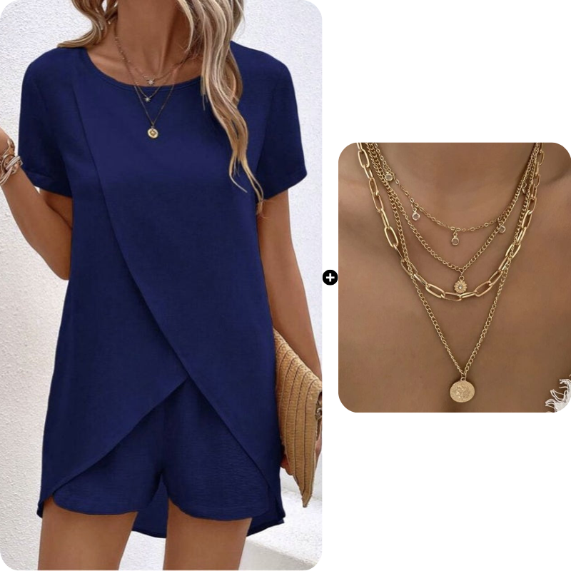Women's Solid Color Irregular Top & Shorts Two Piece Set