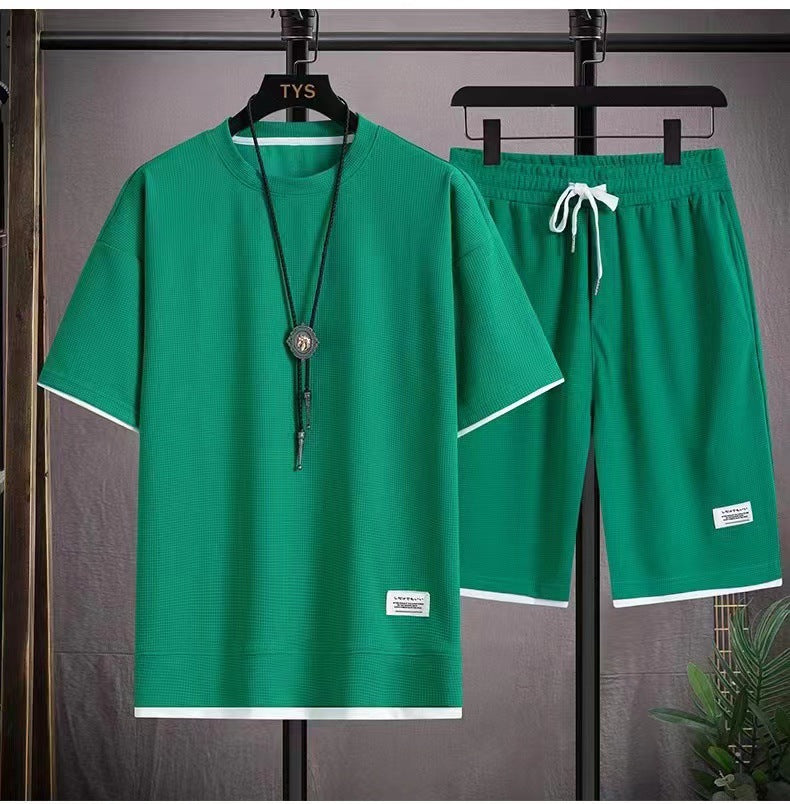🌀 LIMITED-TIME 50% OFF! 🧺 Waffle Fabric Short Sleeve 2-Piece Set – Breathable, Loose Fit & Side Pockets 👕