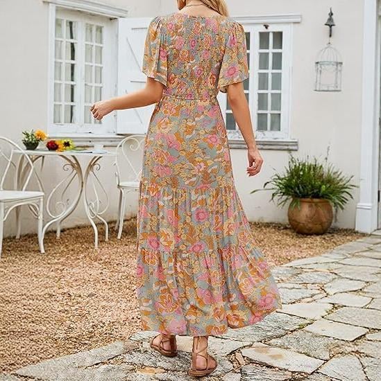 ⏰Hot Sale 49% Off👗Women's Casual Floral Print Short Flutter Sleeve Smocked High Waist Flowy Maxi Dress