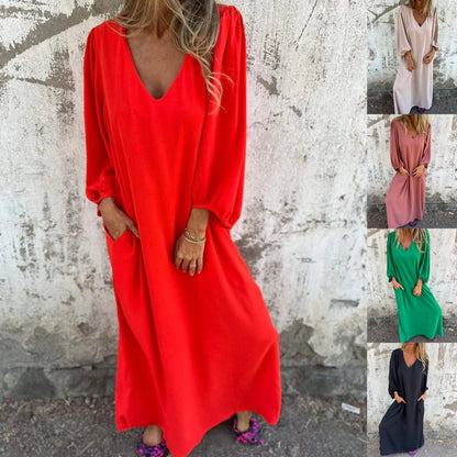 💃BIG SALE ONLY TODAY! - Loose V-neck solid color women's lantern sleeve dress