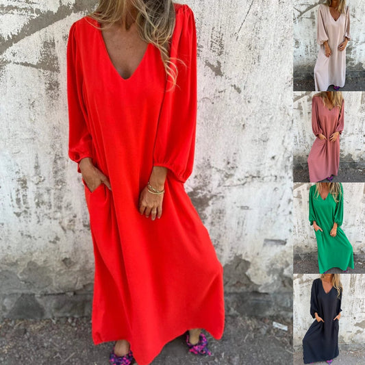 💃BIG SALE ONLY TODAY! - Loose V-neck solid color women's lantern sleeve dress