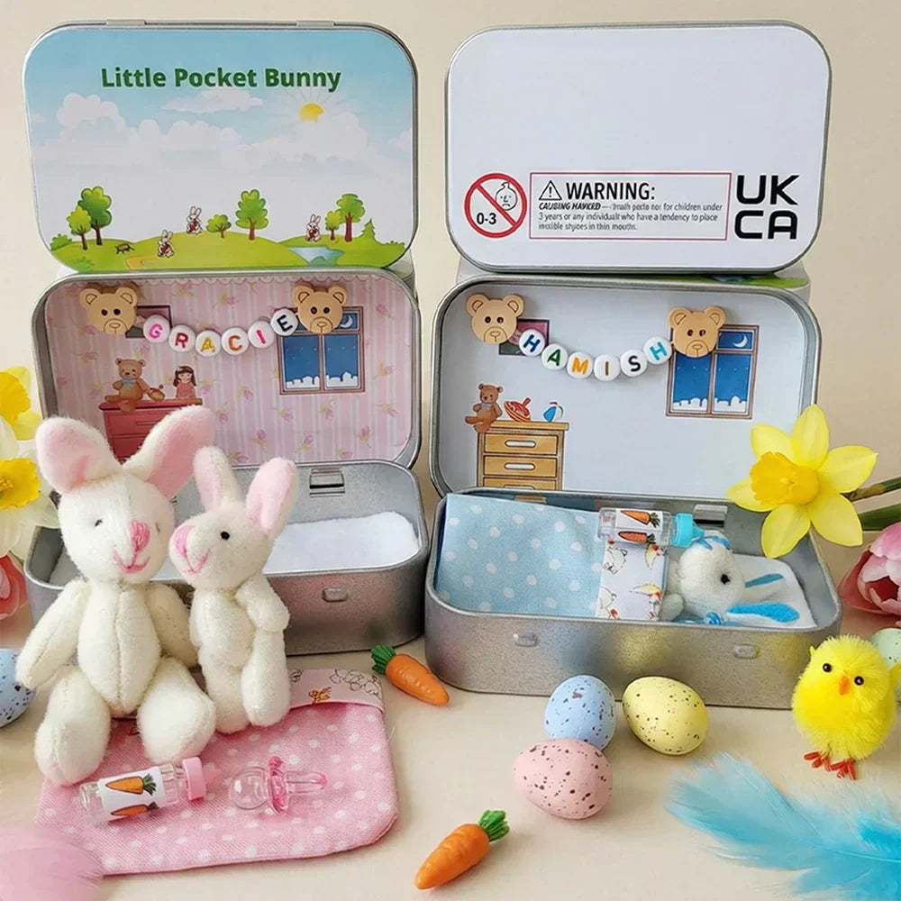 💎 50% OFF! 💎 Bunny Mummy & Baby Plush Pocket Tin – Handmade Easter Collectible with Cozy Blanket (Pink/Blue Ears) 🐇🎁