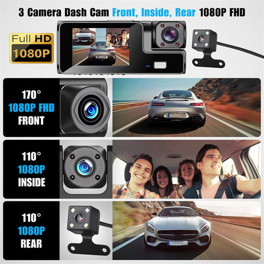 🚗🎥 50% OFF! Dash Cam 3 Cameras 1080P HD – Front + Interior + Rear with Reverse 🔥