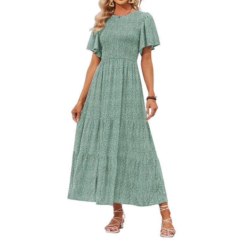 ⏰Hot Sale 49% Off👗Women's Casual Floral Print Short Flutter Sleeve Smocked High Waist Flowy Maxi Dress
