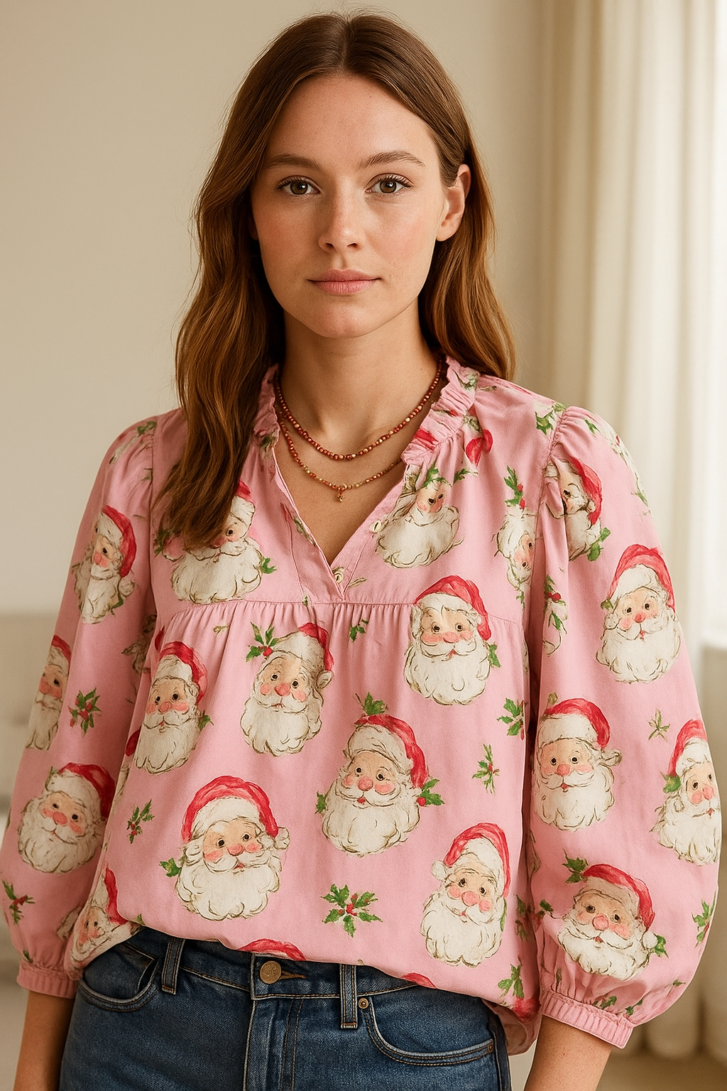 🎅Christmas Offer: 50% Off-Christmas Santa Print Ruffle V-Neck Blouse