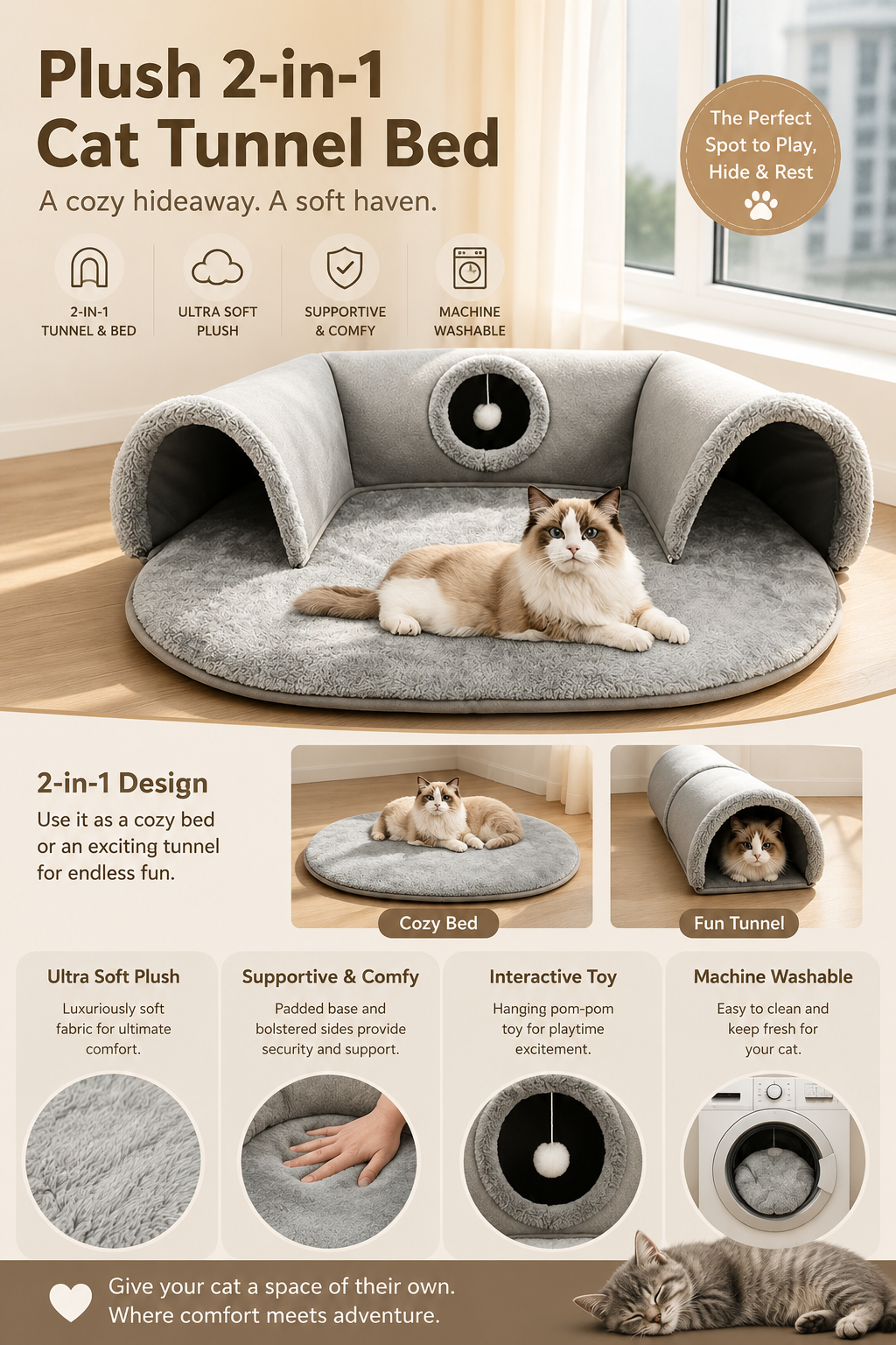 🐱 50% OFF NOW! 🛏️ Plush 2-in-1 Cat Tunnel Bed – Collapsible, scratch-resistant & cozy – combines hideaway tunnel with soft sleeping pad – perfect for play, rest & pouncing 🐾