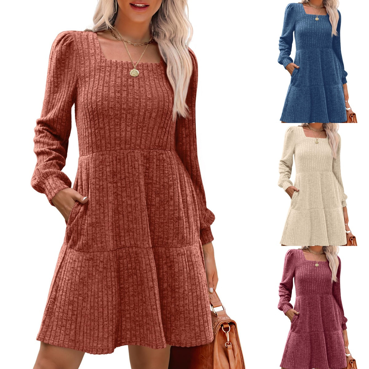 🍂2025 Autumn New Style 50% OFF⏰Women's Square Neck Lantern Sleeve Ribbed Dress
