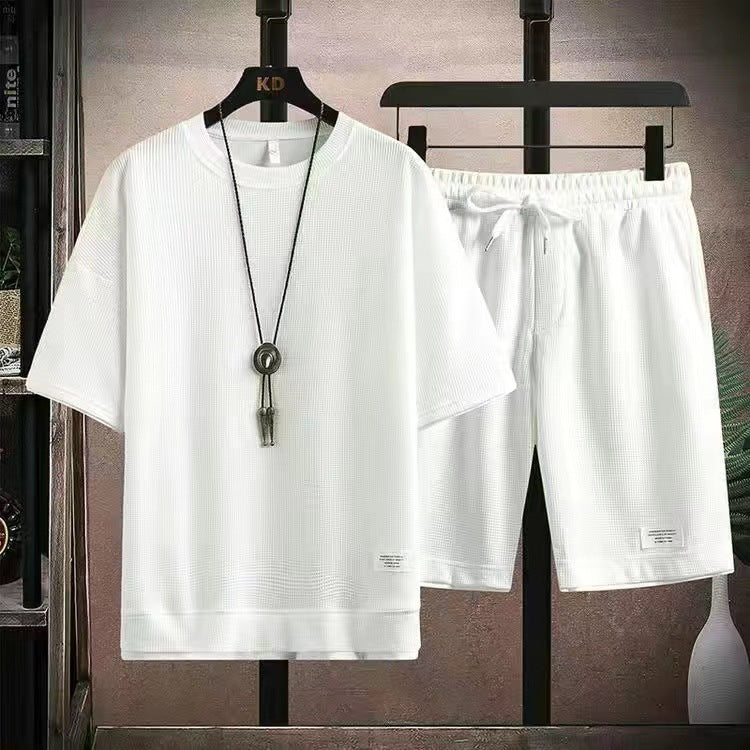 🌀 LIMITED-TIME 50% OFF! 🧺 Waffle Fabric Short Sleeve 2-Piece Set – Breathable, Loose Fit & Side Pockets 👕