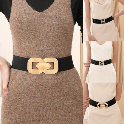 【Factory direct sales】Women's Vintage Gold Buckle High Elastic Leather Belt