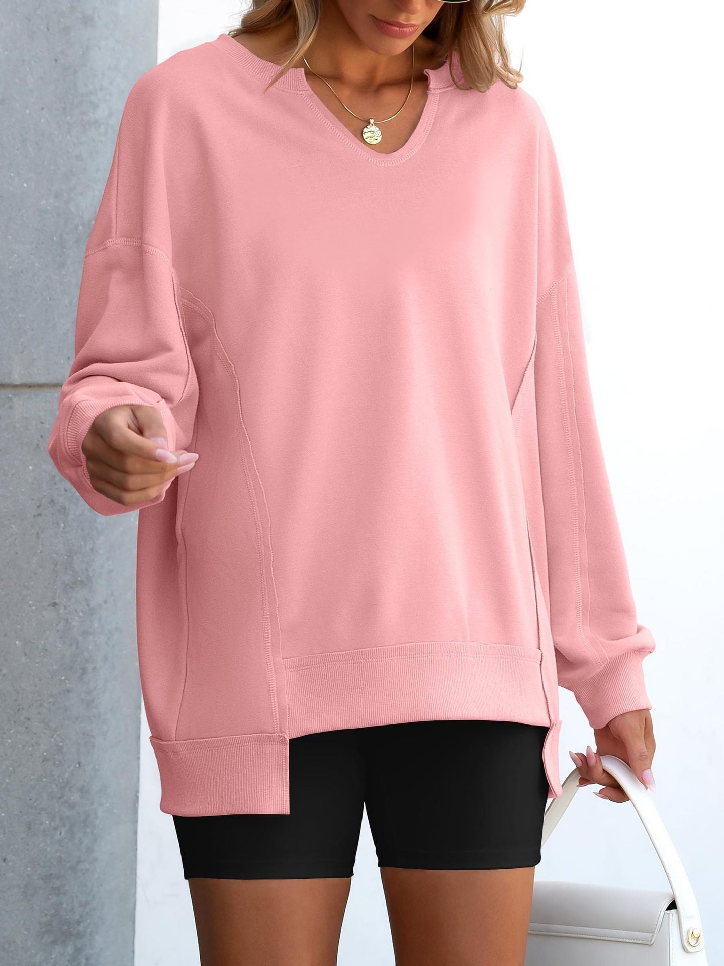 🔥Christmas Sale-Up to 50% Off🔥Womens Oversized Sweatshirt V Neck Long Sleeve Tunic Lightweight Pullover