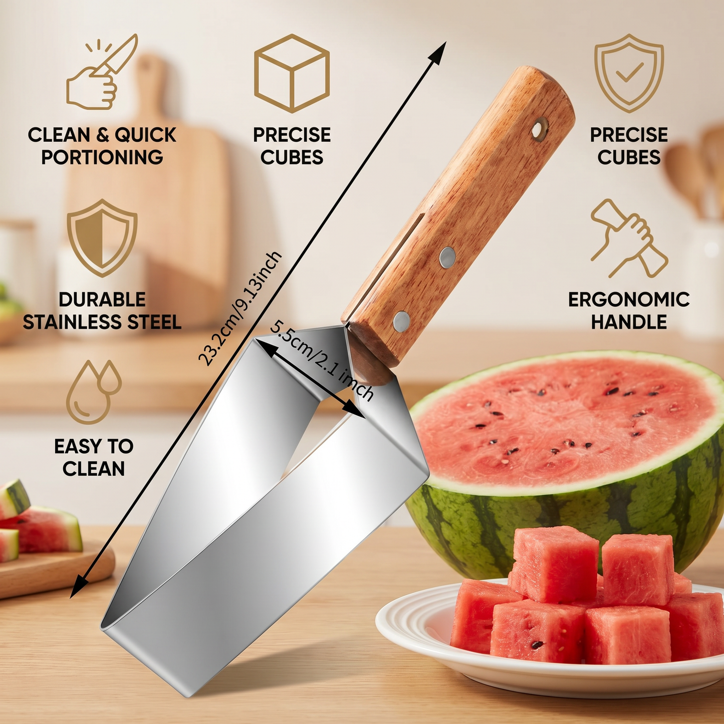 🔥Last Day Sale 60% OFF⏰Stainless Steel Watermelon Slicer with Wooden Handle – Clean & Quick Portioning