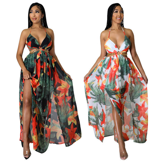 🌷Hot Promotion 49% OFF 👗Women's Floral Print Chain Decor Split Thigh Tie Back Cami Dress