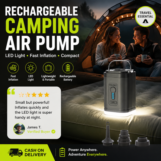 🏕️ Rechargeable Camping Air Pump – LED Light, Fast Inflation, Compact 🔋