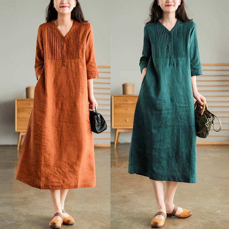 🔥HOT SALE 26.99🔥Women's Cotton Linen V-Neck Half Sleeve Dress(32%OFF)