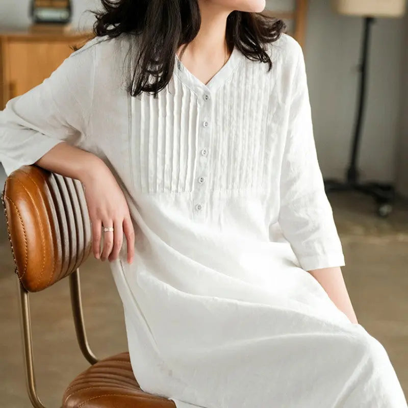 🔥Women's Cotton Linen V-Neck Half Sleeve Dress