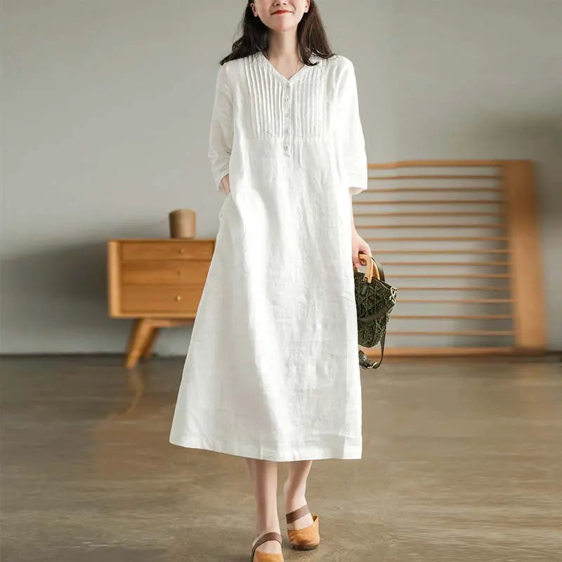 🔥Women's Cotton Linen V-Neck Half Sleeve Dress