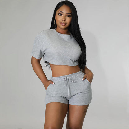 Women's 2 Piece Outfits, Round Neck Top & Drawstring Shorts