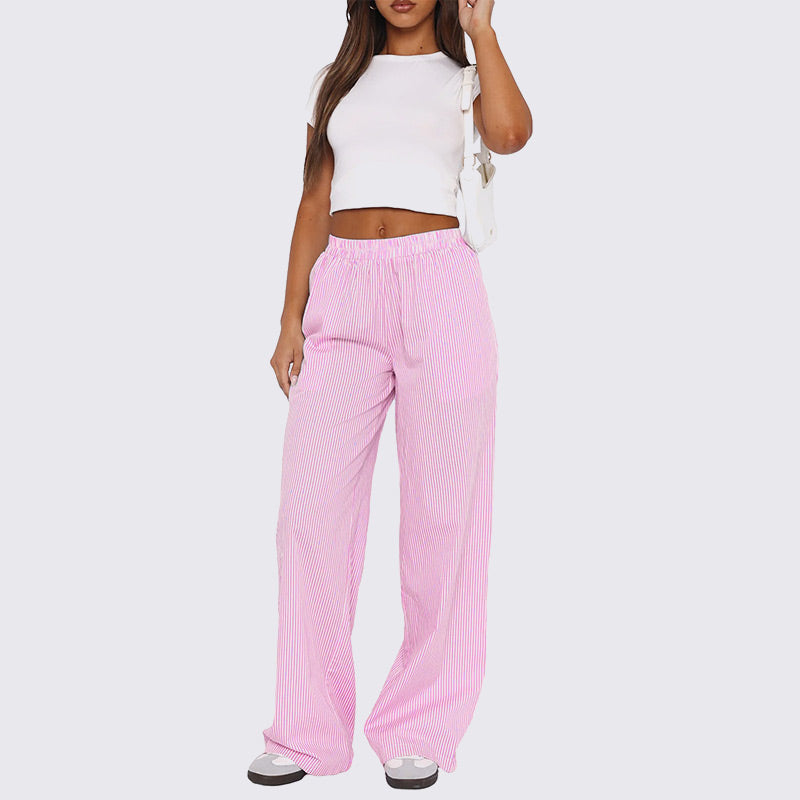 Women Striped Casual Relaxed Fit Straight Lounge Pants