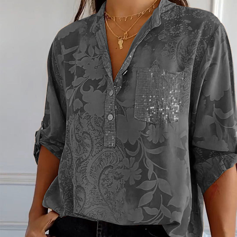 Women's Casual Lapel Printed Top with Adjustable Sleeves