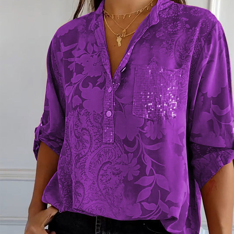 Women's Casual Lapel Printed Top with Adjustable Sleeves