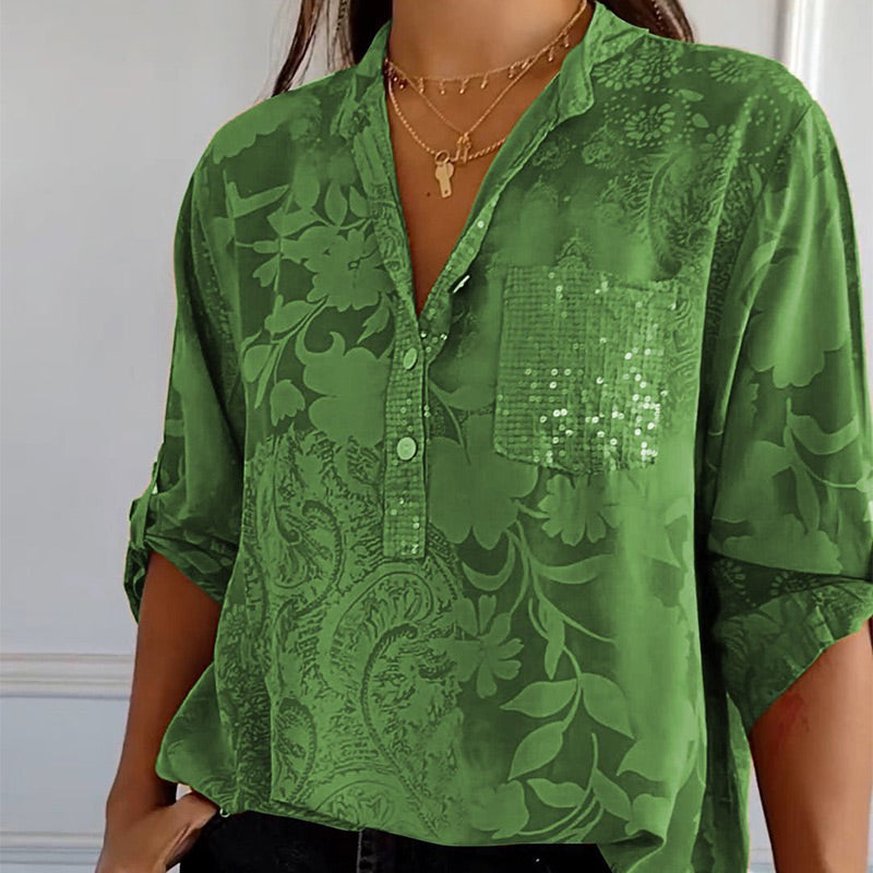 Women's Casual Lapel Printed Top with Adjustable Sleeves