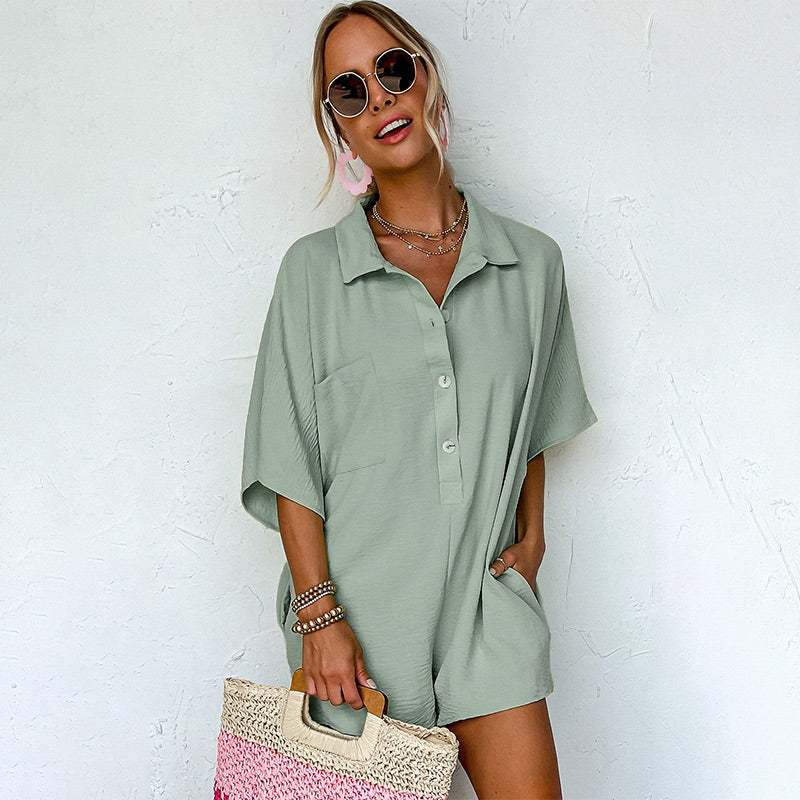 Women's Button-Down Romper with Pockets