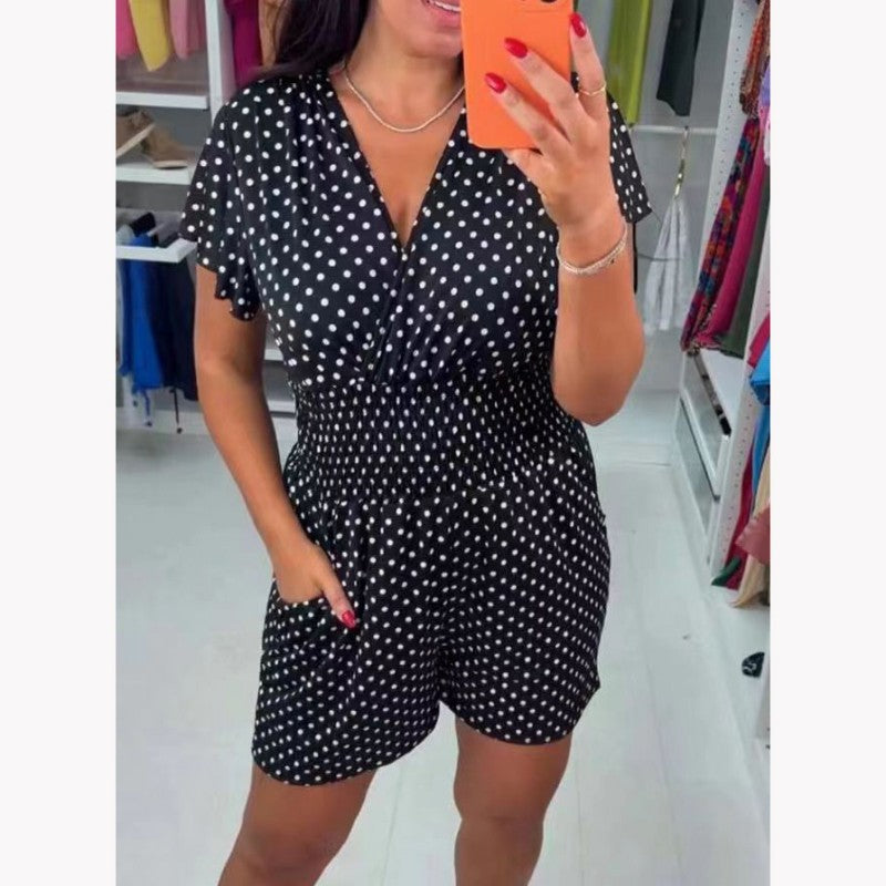 💝Polka Dot V-Neck One-piece Shorts Jumpsuit